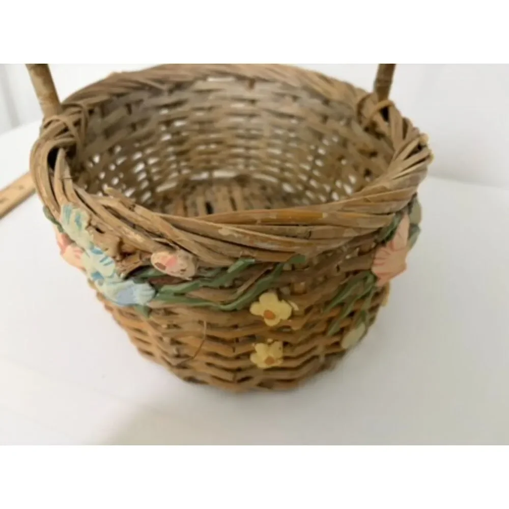 vtg. Woven Basket with ceramic flowers
